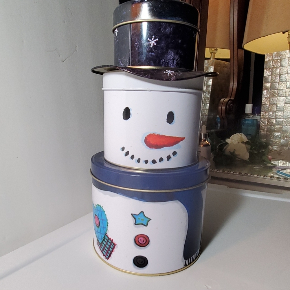 Tin Snowman 3 tier Christmas canister  10"h